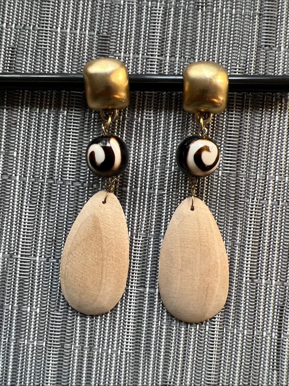Gold, Glass and Natural Wood Teardrop Dangle Clip Earrings - Women Jewelry